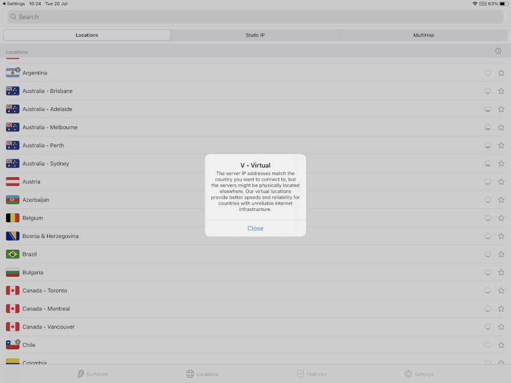 Screen shot of the server list of Surfshark showing virtual server option